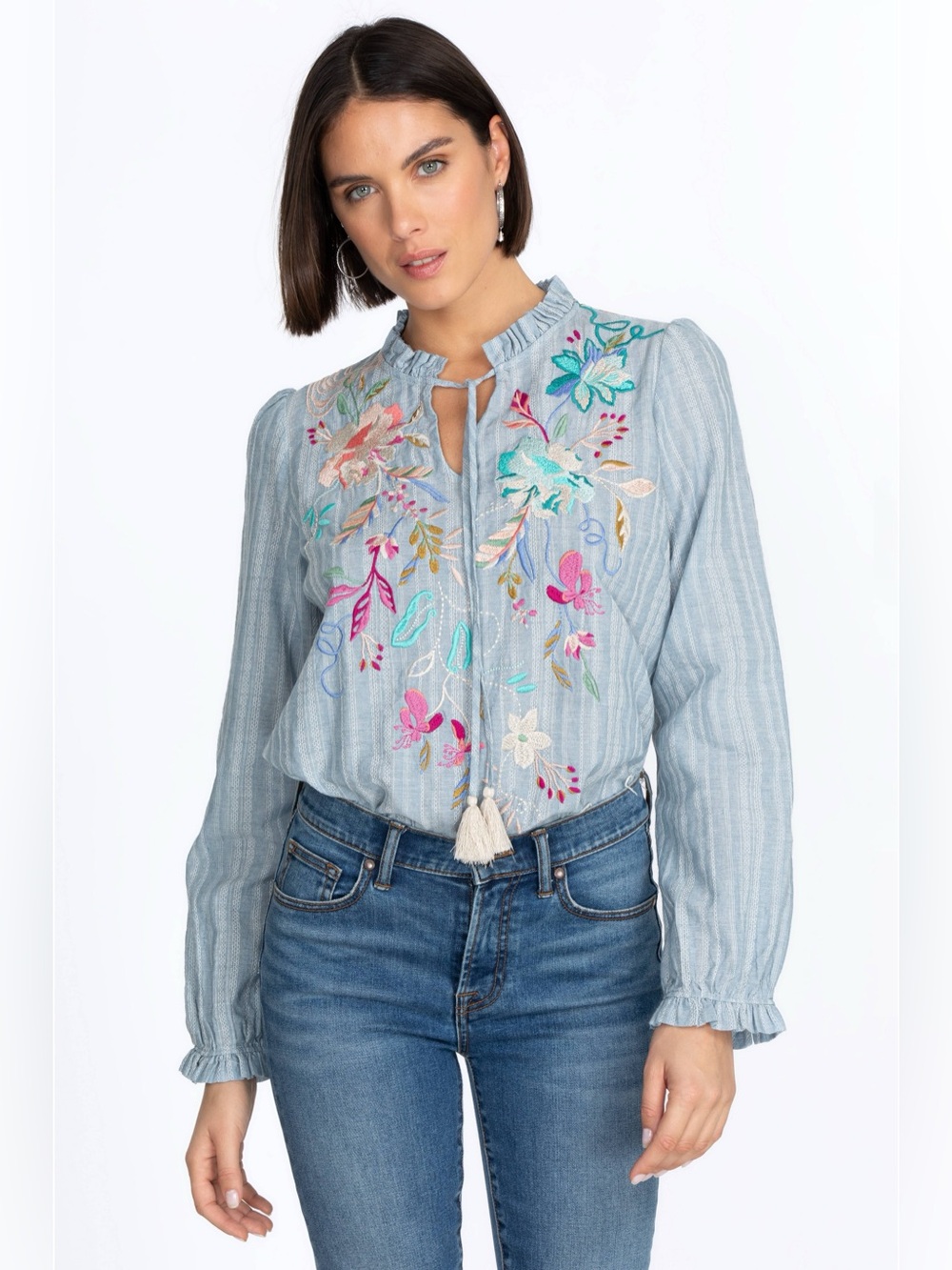 Johnny Was Light Blue Striped Embroidered Floral Peasant Blouse